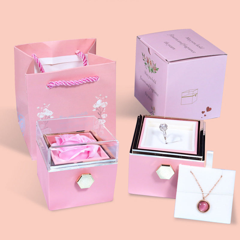 Drehbare Seifenblumen-Rosen-Geschenkbox – Kreative drehbare Rosen-Schmuckverpackungsbox, Valentinstagsgeschenk für Frauen.